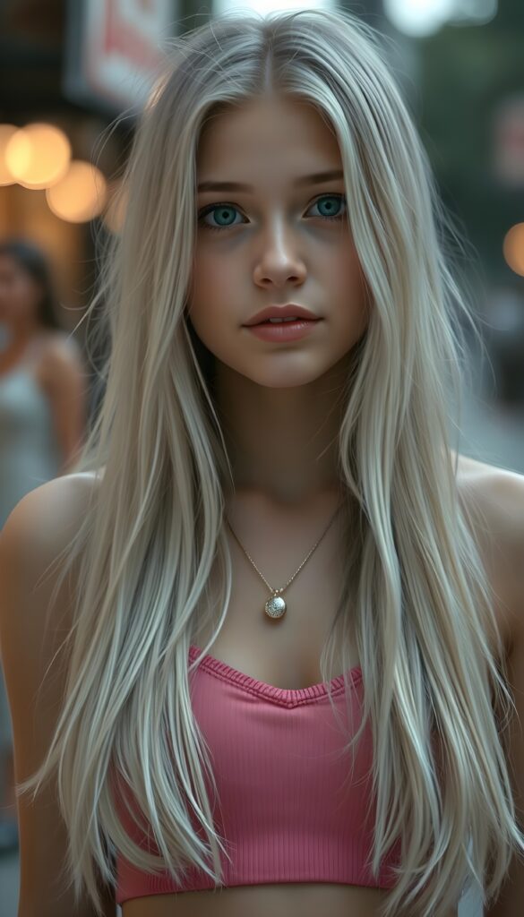 a stunning realistic gorgeous young teen girl with white soft long hair, sweetheart, short dressed in a plain pink cropped top with a deep neck