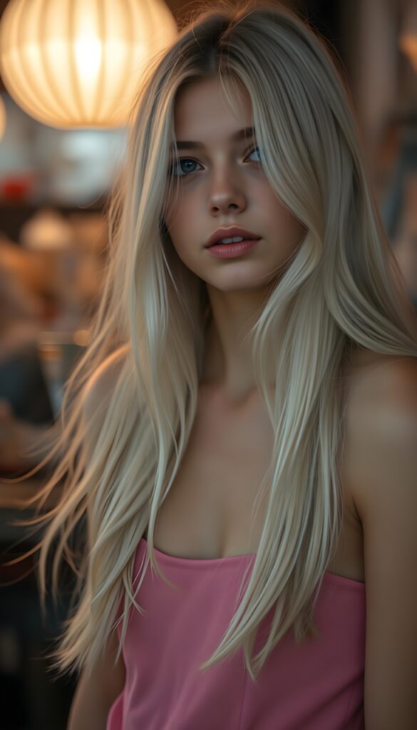 a stunning realistic gorgeous young teen girl with white soft long hair, sweetheart, short dressed in a plain pink cropped top with a deep neck