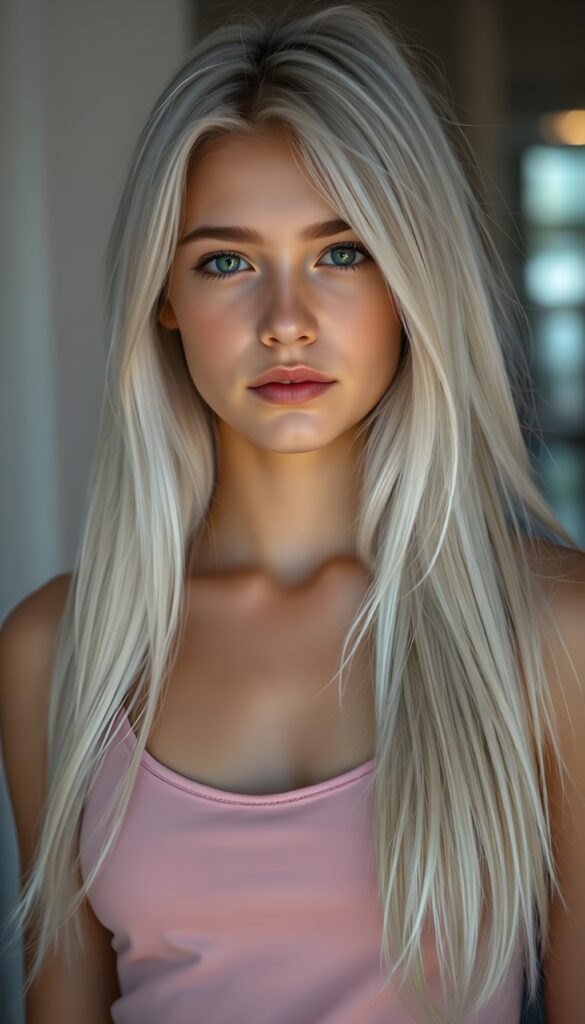 a stunning realistic gorgeous young teen girl with white soft long hair, sweetheart, short dressed in a plain pink cropped top with a deep neck