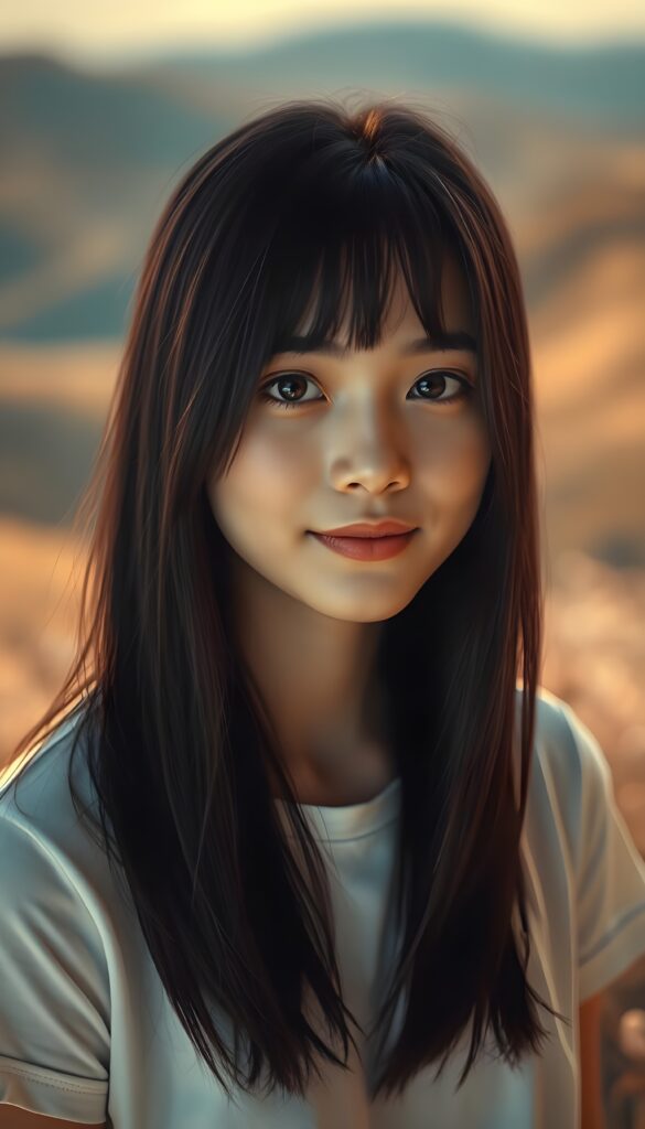 a stunning young girl with soft, long straight jet black hair, captured in a perfect portrait style. She has beautiful amber eyes, full lips and a round face. She wears a simple white t-shirt that contrasts beautifully with her radiant features. The background is a dreamy, blurred landscape bathed in soft pastel colors, reminiscent of an impressionist painting. The lighting is warm and ethereal, highlighting her expressive eyes and gentle smile, evoking a sense of serenity and grace.