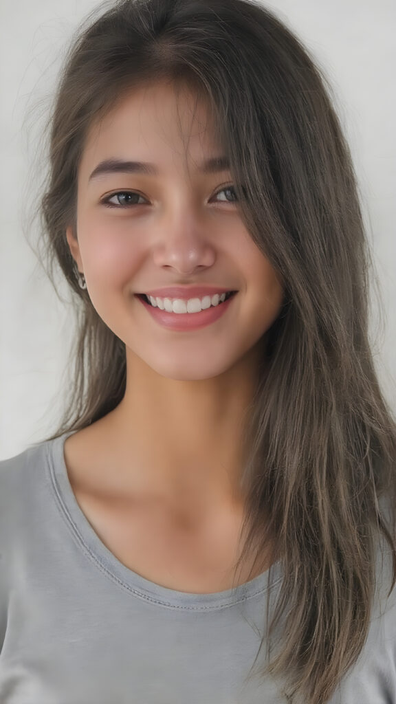 a stunning young cute Asia girl enjoys her carefree life. She smiles and has beautiful, soft straight hair that falls over her beautifully shaped body. The picture makes you happy, she wears a thin grey t-shirt, white teeth, detailed and realistic upper body drawing, the girl is centered