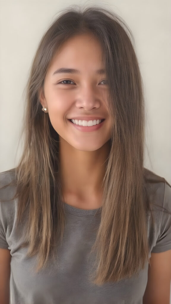 a stunning young cute Asia girl enjoys her carefree life. She smiles and has beautiful, soft straight hair that falls over her beautifully shaped body. The picture makes you happy, she wears a thin grey t-shirt, white teeth, detailed and realistic upper body drawing, the girl is centered