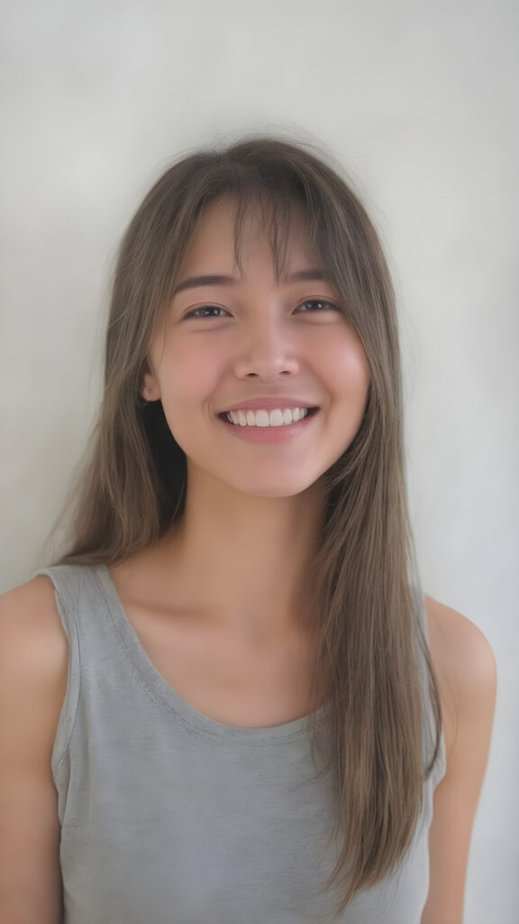 a stunning young cute Asia girl enjoys her carefree life. She smiles and has beautiful, soft straight hair that falls over her beautifully shaped body. The picture makes you happy, she wears a thin grey t-shirt, white teeth, detailed and realistic upper body drawing, the girl is centered