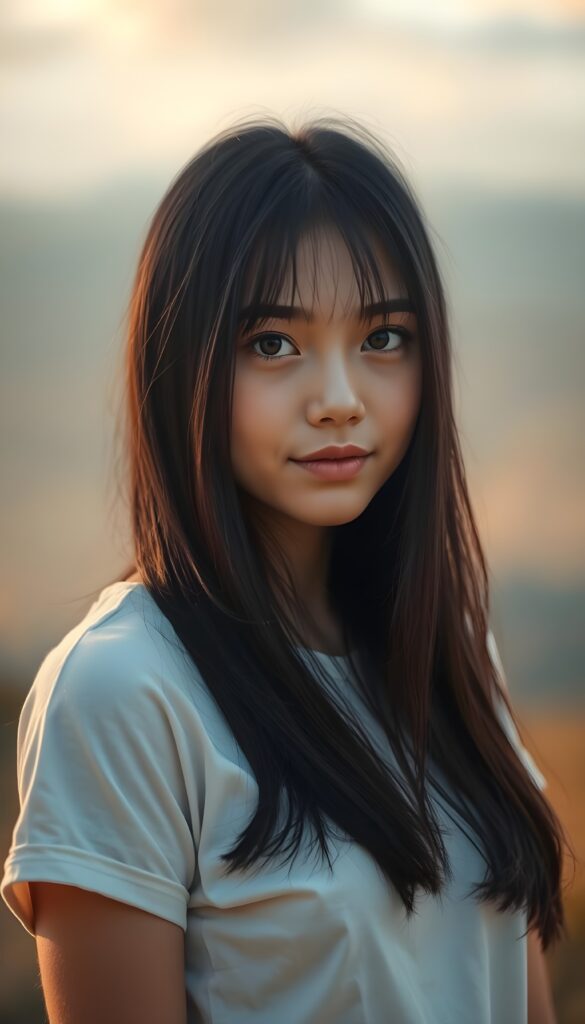 a stunning young girl with soft, long straight jet black hair, captured in a perfect portrait style. She has beautiful amber eyes, full lips and a round face. She wears a simple white t-shirt that contrasts beautifully with her radiant features. The background is a dreamy, blurred landscape bathed in soft pastel colors, reminiscent of an impressionist painting. The lighting is warm and ethereal, highlighting her expressive eyes and gentle smile, evoking a sense of serenity and grace.