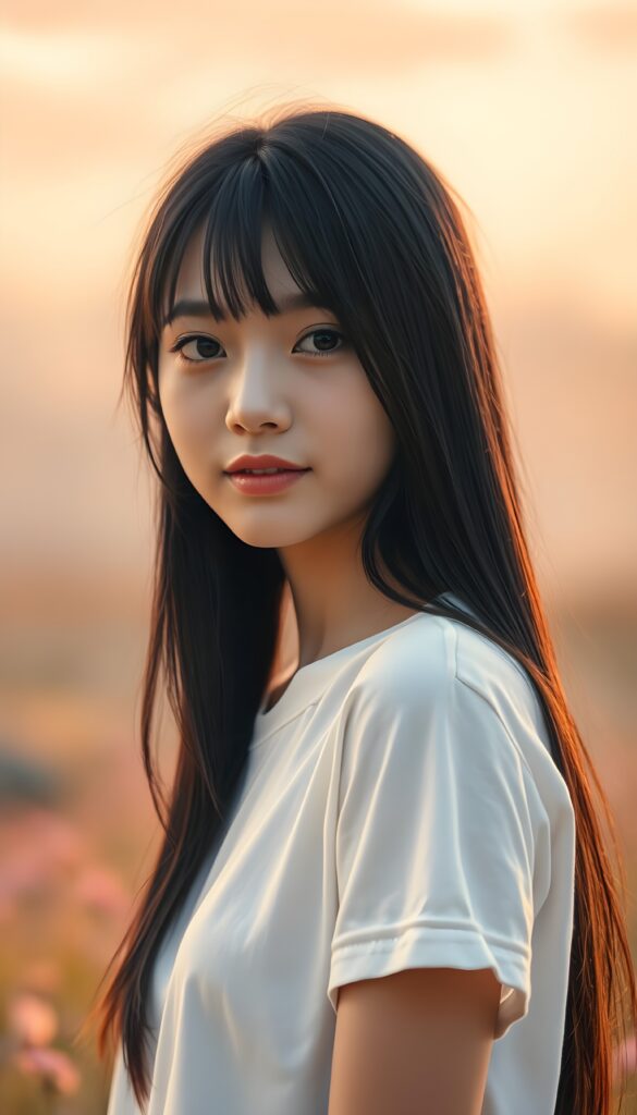 a stunning young girl with soft, long straight jet black hair, captured in a perfect portrait style. She has beautiful amber eyes, full lips and a round face. She wears a simple white t-shirt that contrasts beautifully with her radiant features. The background is a dreamy, blurred landscape bathed in soft pastel colors, reminiscent of an impressionist painting. The lighting is warm and ethereal, highlighting her expressive eyes and gentle smile, evoking a sense of serenity and grace.