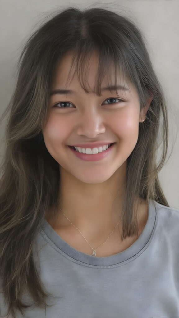 a stunning young cute Asia girl enjoys her carefree life. She smiles and has beautiful, soft straight hair that falls over her beautifully shaped body. The picture makes you happy, she wears a thin grey t-shirt, white teeth, detailed and realistic upper body drawing, the girl is centered