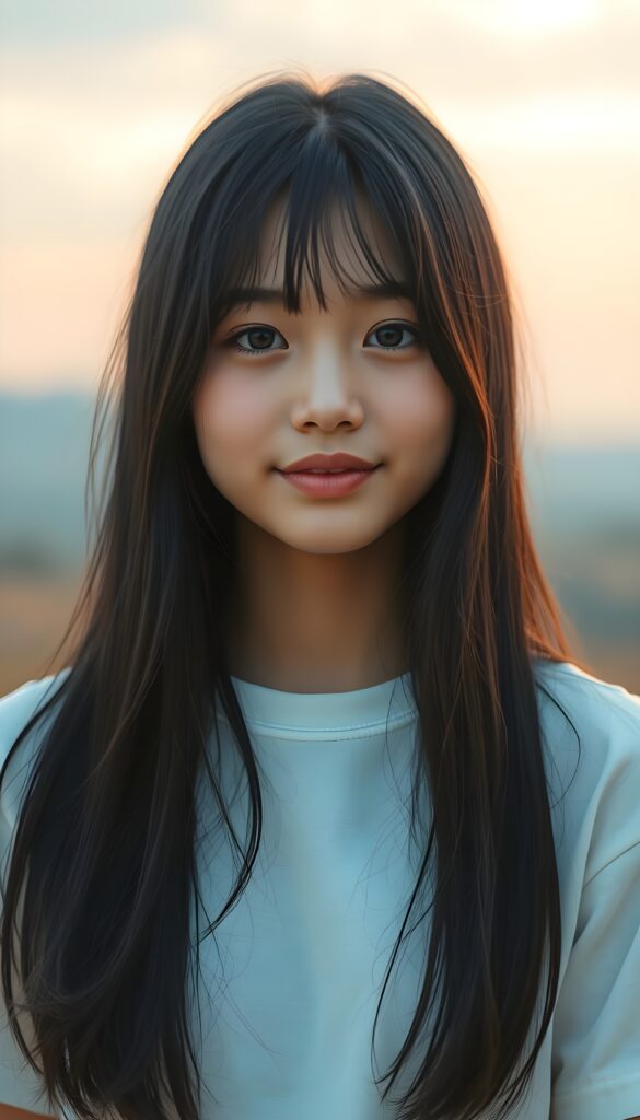 a stunning young girl with soft, long straight jet black hair, captured in a perfect portrait style. She has beautiful amber eyes, full lips and a round face. She wears a simple white t-shirt that contrasts beautifully with her radiant features. The background is a dreamy, blurred landscape bathed in soft pastel colors, reminiscent of an impressionist painting. The lighting is warm and ethereal, highlighting her expressive eyes and gentle smile, evoking a sense of serenity and grace.