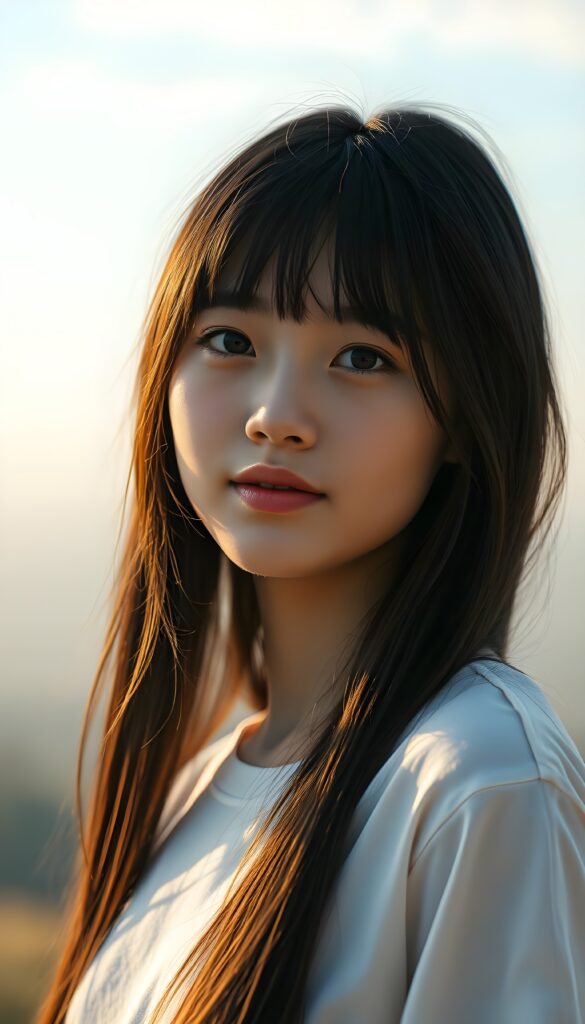 a stunning young girl with soft, long straight jet black hair, captured in a perfect portrait style. She has beautiful amber eyes, full lips and a round face. She wears a simple white t-shirt that contrasts beautifully with her radiant features. The background is a dreamy, blurred landscape bathed in soft pastel colors, reminiscent of an impressionist painting. The lighting is warm and ethereal, highlighting her expressive eyes and gentle smile, evoking a sense of serenity and grace.