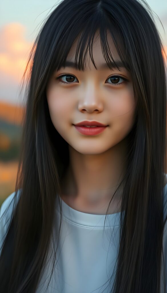 a stunning young girl with soft, long straight jet black hair, captured in a perfect portrait style. She has beautiful amber eyes, full lips and a round face. She wears a simple white t-shirt that contrasts beautifully with her radiant features. The background is a dreamy, blurred landscape bathed in soft pastel colors, reminiscent of an impressionist painting. The lighting is warm and ethereal, highlighting her expressive eyes and gentle smile, evoking a sense of serenity and grace.