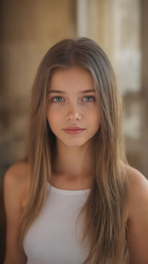a stunningly (((cute and elegant)) young teen girl) with intricate long (straight soft hair) that extends down her back, dressed in a (((short white cropped tank top))), featuring perfect curves and an ultra realistic face with (detailed, realistic eyes). Her hair framing her face in a masterful composition that draws the eye. The scene is captured with a (highly detailed, ultra realistic image) that exudes a warm glow, emphasizing depth through softly blurred focus and a touch of (film grain), while the girl looks directly at the viewer with a (serene smile) that draws attention to her upper body, which stands out in striking detail against a (masterfully crafted, ultra realistic backdrop) that borders on (best-quality art)