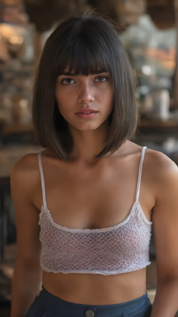 a (((stunningly detailed full-body image))) featuring a beautiful young girl with luxurious, silky bob cut straight black hair and (((natural light eyes))), flawless skin in a (soft, natural tone), and (pale, yet incredibly detailed and perfectly proportioned lips) that are full and tend to naturally pinkish hue. She's dressed in a (((very short white spaghetti tank top))), (((luffed by an intricate and detailed mesh crop top that accentuates her perfect figure))) and (((flared bluedark skirt))), surrounded by a (spaghetti-strapped side table) at an outdoor bar in a warm summer evening, where she exudes an air of gentle sophistication