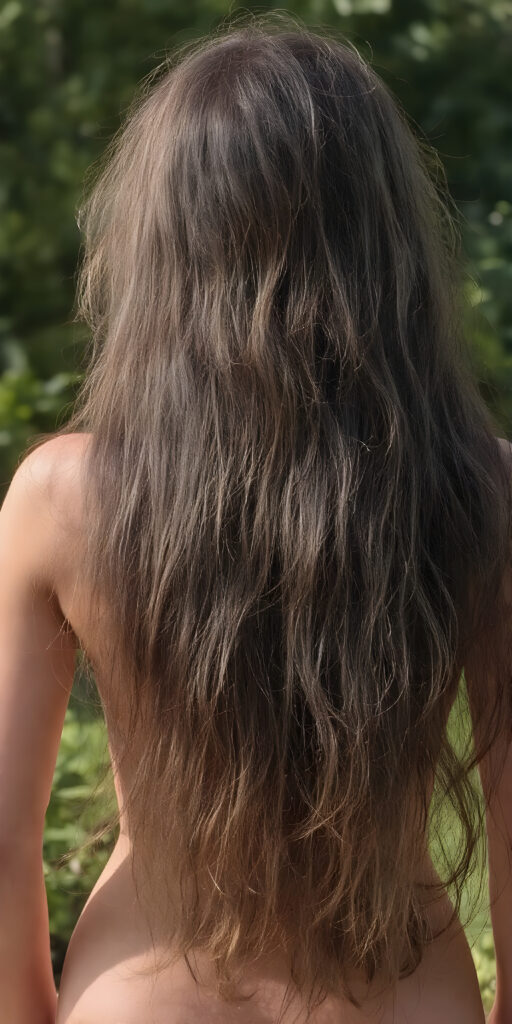a (((stunningly beautiful full body portrait))) featuring a young girl with ((extremely long, thick, wavy brunette hair)), which flows down her back in a cascading waterfall of smooth and silky hair, paired with a perfectly toned and sophisticated muscular physique, all against a backdrop of a sunny green natural setting, evoking a sense of unparalleled artistry, view from back