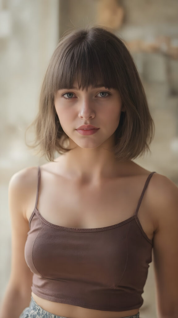 a (((stunningly detailed full-body image))) capturing a gentle girl in a lifted sort cropped spaghetti tank top, hair in bob cut