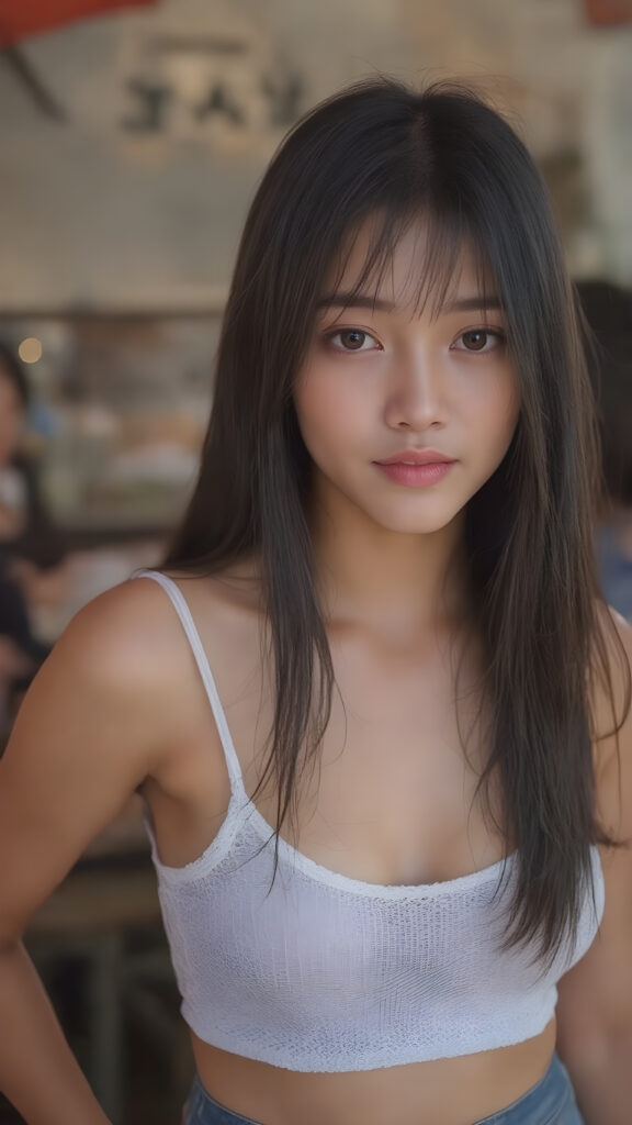 a (((stunningly detailed full-body image))) featuring a beautiful young Asian girl with luxurious, silky straight black hair falls down and (((natural light eyes))), flawless skin in a (soft, natural tone), and (pale, yet incredibly detailed and perfectly proportioned lips) that are full and tend to naturally pinkish hue. She's dressed in a (((very short white spaghetti tank top))), (((luffed by an intricate and detailed mesh crop top that accentuates her perfect figure))) and (((flared bluedark skirt))), at an outdoor bar in a warm summer evening, where she exudes an air of gentle sophistication