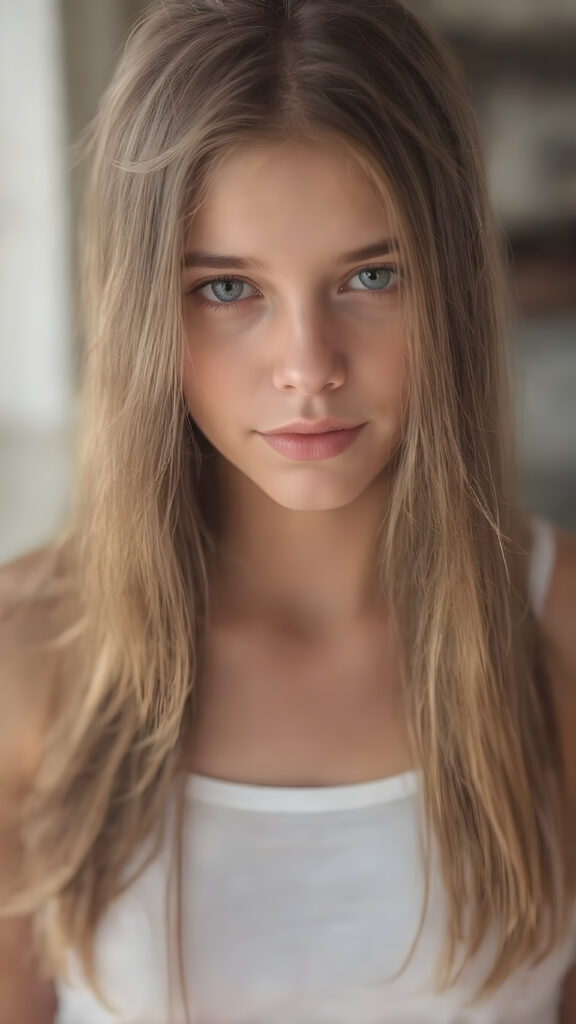a stunningly (((cute and elegant)) young teen girl) with intricate long (straight soft hair) that extends down her back, dressed in a (((short white cropped tank top))), featuring perfect curves and an ultra realistic face with (detailed, realistic eyes). Her hair framing her face in a masterful composition that draws the eye. The scene is captured with a (highly detailed, ultra realistic image) that exudes a warm glow, emphasizing depth through softly blurred focus and a touch of (film grain), while the girl looks directly at the viewer with a (serene smile) that draws attention to her upper body, which stands out in striking detail against a (masterfully crafted, ultra realistic backdrop) that borders on (best-quality art)