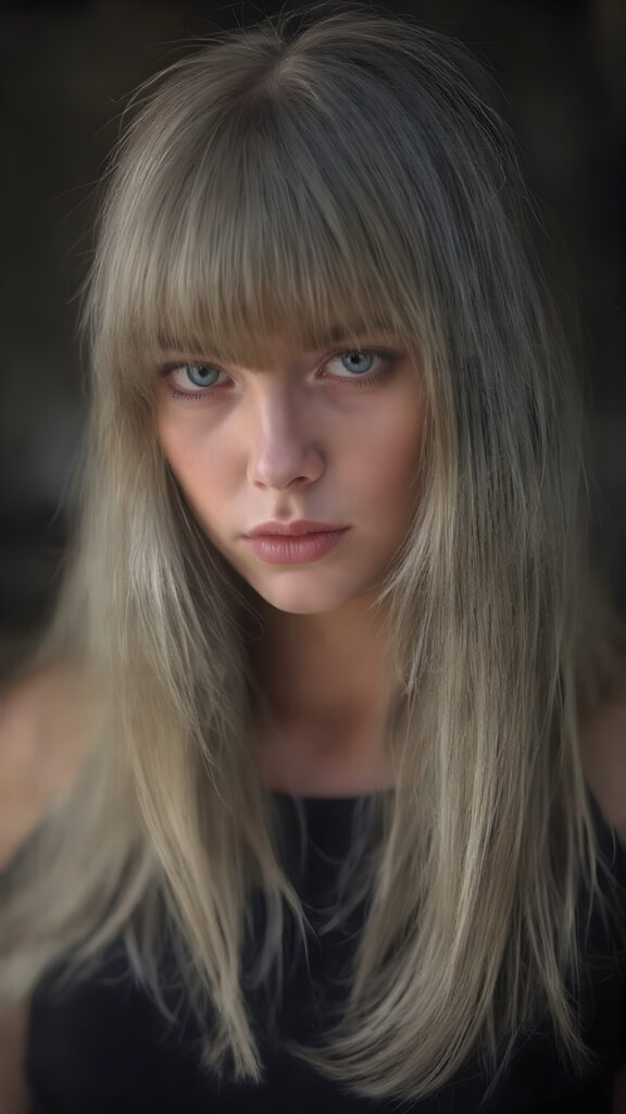 a (((stunningly detailed full body photograph))), capturing a gorgeously proportioned young cute girl with grey long hair straight as steel, bangs, intricate details and patterns that defy the imagination, elegantly posed, exuding a sense of refined sophistication