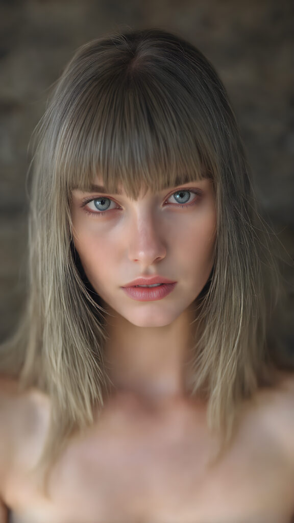 a (((stunningly detailed full body photograph))), capturing a gorgeously proportioned young cute girl with grey long hair straight as steel, bangs, intricate details and patterns that defy the imagination, elegantly posed, exuding a sense of refined sophistication