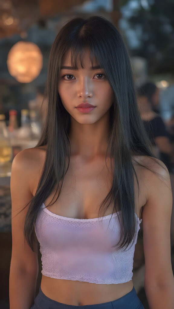 a (((stunningly detailed full-body image))) featuring a beautiful young Asian girl with luxurious, silky straight black hair falls down and (((natural light eyes))), flawless skin in a (soft, natural tone), and (pale, yet incredibly detailed and perfectly proportioned lips) that are full and tend to naturally pinkish hue. She's dressed in a (((very short white spaghetti tank top))), (((luffed by an intricate and detailed mesh crop top that accentuates her perfect figure))) and (((flared bluedark skirt))), at an outdoor bar in a warm summer evening, where she exudes an air of gentle sophistication