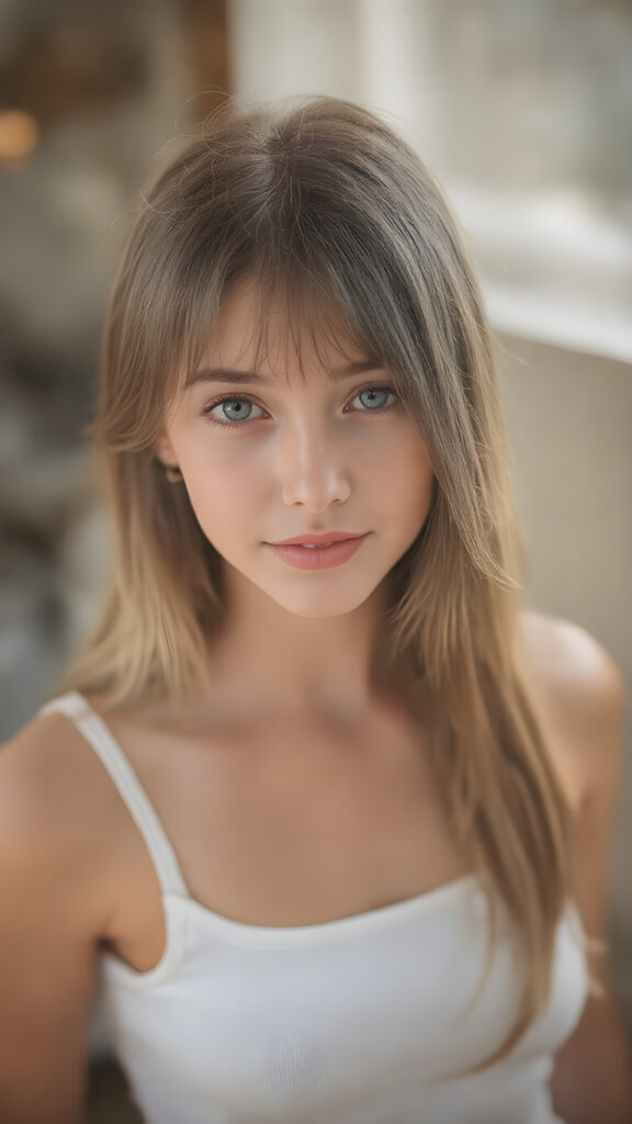 a stunningly (((cute and elegant)) young teen girl) with intricate long (straight soft hair) that extends down her back, dressed in a (((short white cropped tank top))), featuring perfect curves and an ultra realistic face with (detailed, realistic eyes). Her hair framing her face in a masterful composition that draws the eye. The scene is captured with a (highly detailed, ultra realistic image) that exudes a warm glow, emphasizing depth through softly blurred focus and a touch of (film grain), while the girl looks directly at the viewer with a (serene smile) that draws attention to her upper body, which stands out in striking detail against a (masterfully crafted, ultra realistic backdrop) that borders on (best-quality art)