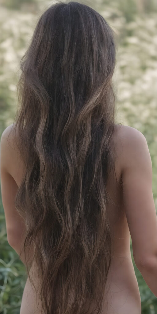 a (((stunningly beautiful full body portrait))) featuring a young girl with ((extremely long, thick, wavy brunette hair)), which flows down her back in a cascading waterfall of smooth and silky hair, paired with a perfectly toned and sophisticated muscular physique, all against a backdrop of a sunny green natural setting, evoking a sense of unparalleled artistry, view from back