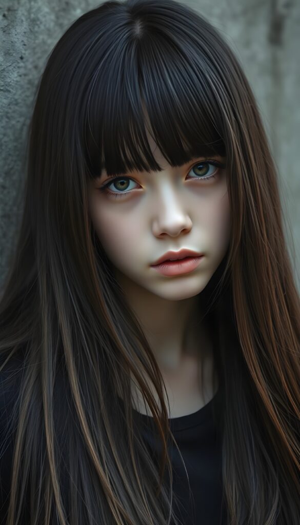 a (((stunningly teen emo girl))) with (((incredibly long, soft silky black straight hair and brown highlights frame her round face, bangs))), framed by a (((gray concrete backdrop))), reflecting a ((sad expression))) that suggests the weight of the world resting on her shoulders, amber eyes. Realistic, Detailed, HDR.