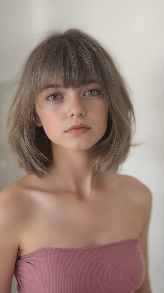 a (((stunningly detailed full-body image))) capturing a gentle girl in a lifted sort cropped spaghetti tank top, hair in bob cut