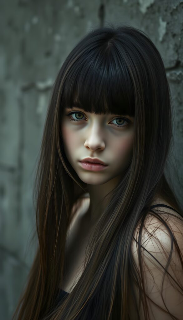 a (((stunningly teen emo girl))) with (((incredibly long, soft silky black straight hair and brown highlights frame her round face, bangs))), framed by a (((gray concrete backdrop))), reflecting a ((sad expression))) that suggests the weight of the world resting on her shoulders, amber eyes. Realistic, Detailed, HDR.