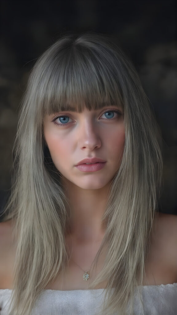 a (((stunningly detailed full body photograph))), capturing a gorgeously proportioned young cute girl with grey long hair straight as steel, bangs, intricate details and patterns that defy the imagination, elegantly posed, exuding a sense of refined sophistication