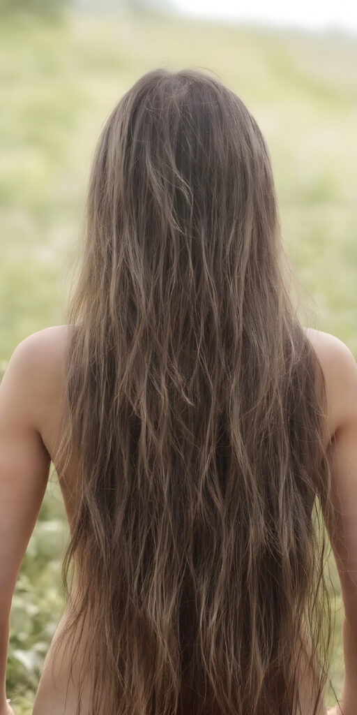 a (((stunningly beautiful full body portrait))) featuring a young girl with ((extremely long, thick, wavy brunette hair)), which flows down her back in a cascading waterfall of smooth and silky hair, paired with a perfectly toned and sophisticated muscular physique, all against a backdrop of a sunny green natural setting, evoking a sense of unparalleled artistry, view from back