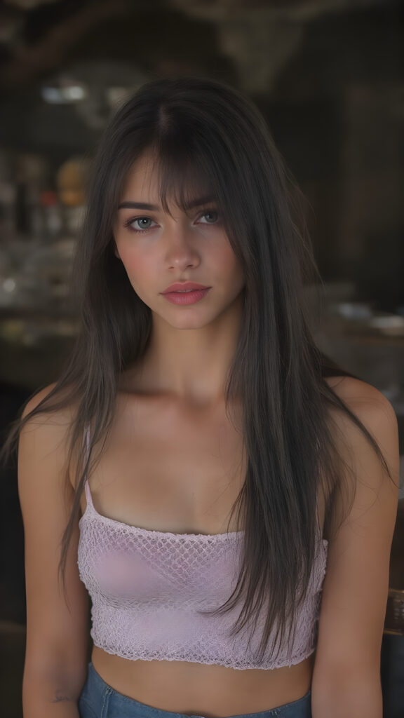a (((stunningly detailed full-body image))) featuring a beautiful young girl with luxurious, silky long straight black hair and (((natural light eyes))), flawless skin in a (soft, natural tone), and (pale, yet incredibly detailed and perfectly proportioned lips) that are full and tend to naturally pinkish hue. She's dressed in a (((very short white spaghetti tank top))), (((luffed by an intricate and detailed mesh crop top that accentuates her perfect figure))) and (((flared bluedark skirt))), surrounded by a (spaghetti-strapped side table) at an outdoor bar in a warm summer evening, where she exudes an air of gentle sophistication
