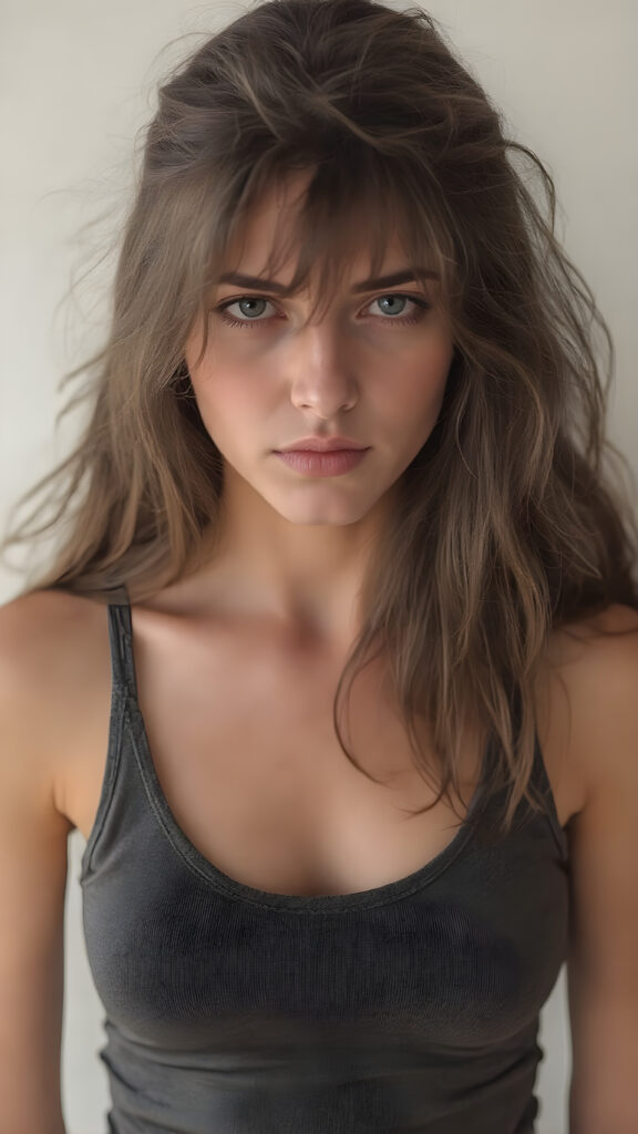 a (((stunningly detailed full-body image))) capturing a a girl in a lifting tank top, long hair