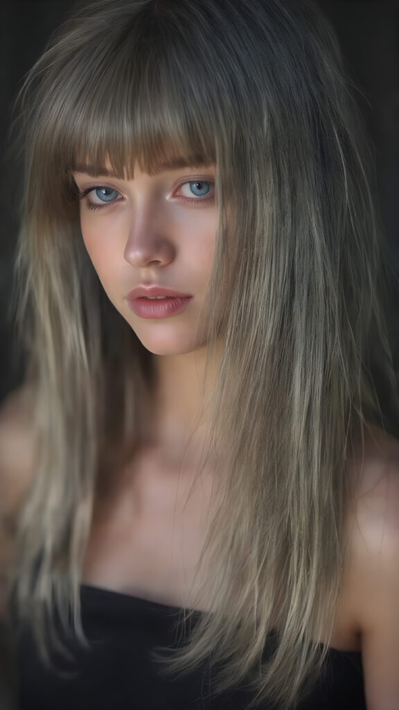 a (((stunningly detailed full body photograph))), capturing a gorgeously proportioned young cute girl with grey long hair straight as steel, bangs, intricate details and patterns that defy the imagination, elegantly posed, exuding a sense of refined sophistication