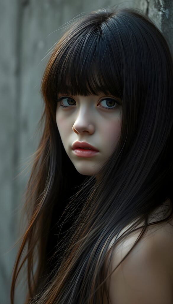 a (((stunningly teen emo girl))) with (((incredibly long, soft silky black straight hair and brown highlights frame her round face, bangs))), framed by a (((gray concrete backdrop))), reflecting a ((sad expression))) that suggests the weight of the world resting on her shoulders, amber eyes. Realistic, Detailed, HDR.