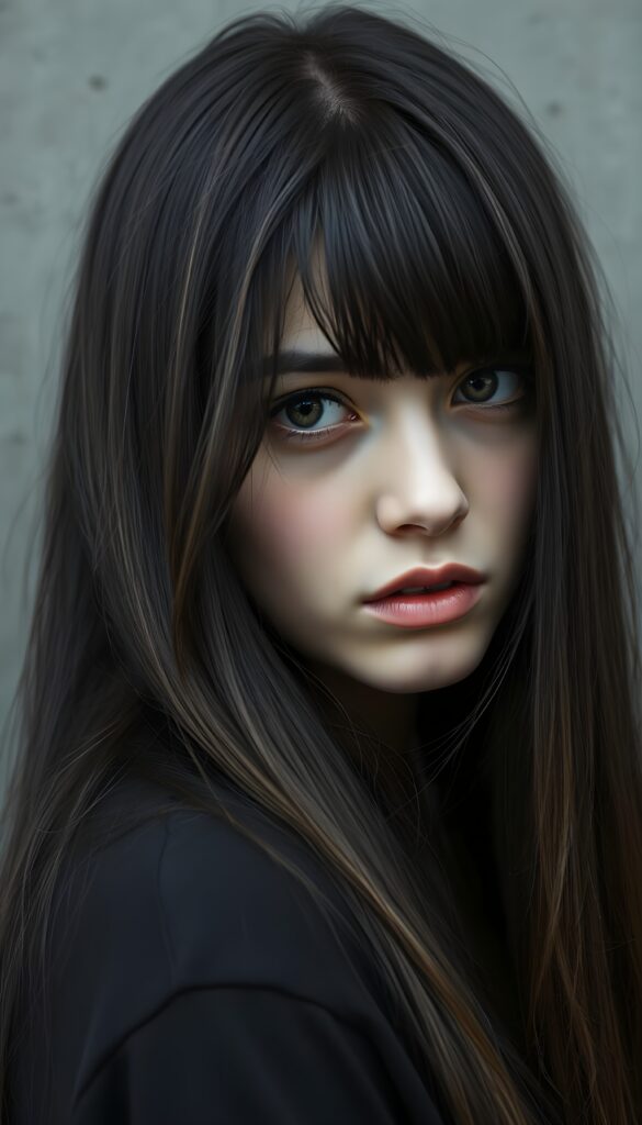 a (((stunningly teen emo girl))) with (((incredibly long, soft silky black straight hair and brown highlights frame her round face, bangs))), framed by a (((gray concrete backdrop))), reflecting a ((sad expression))) that suggests the weight of the world resting on her shoulders, amber eyes. Realistic, Detailed, HDR. All against a bare concrete wall. Side view. She looks slightly over her shoulders. A seductive touch. Full kissable red lips.