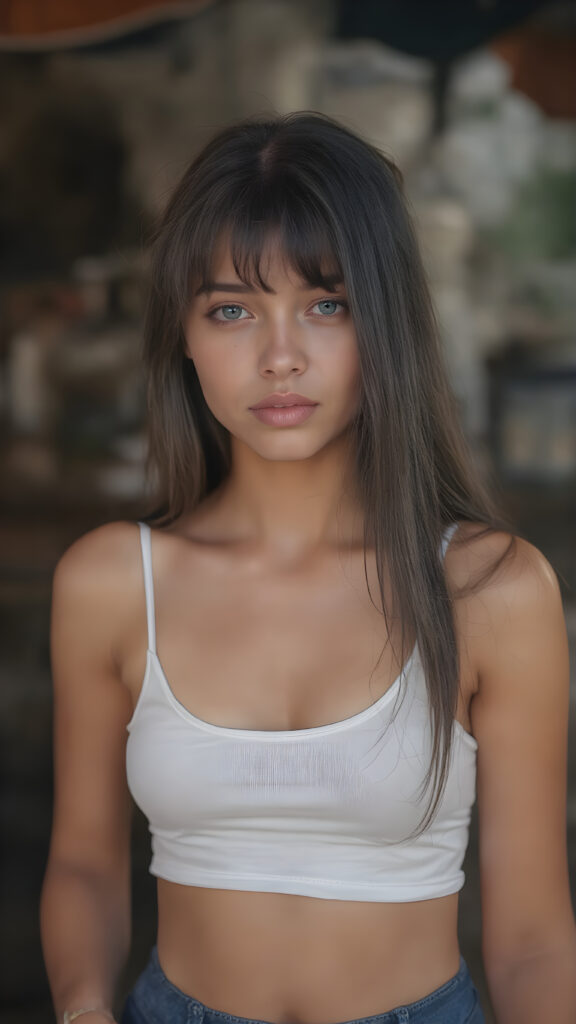 a (((stunningly detailed full-body image))) featuring a beautiful young girl with luxurious, silky long straight black hair and (((natural light eyes))), flawless skin in a (soft, natural tone), and (pale, yet incredibly detailed and perfectly proportioned lips) that are full and tend to naturally pinkish hue. She's dressed in a (((very short white spaghetti tank top))), (((luffed by an intricate and detailed mesh crop top that accentuates her perfect figure))) and (((flared bluedark skirt))), surrounded by a (spaghetti-strapped side table) at an outdoor bar in a warm summer evening, where she exudes an air of gentle sophistication