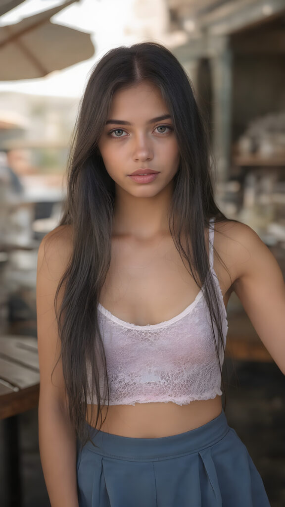 a (((stunningly detailed full-body image))) featuring a beautiful young girl with luxurious, silky long straight black hair and (((natural light eyes))), flawless skin in a (soft, natural tone), and (pale, yet incredibly detailed and perfectly proportioned lips) that are full and tend to naturally pinkish hue. She's dressed in a (((very short white spaghetti tank top))), (((luffed by an intricate and detailed mesh crop top that accentuates her perfect figure))) and (((flared bluedark skirt))), surrounded by a (spaghetti-strapped side table) at an outdoor bar in a warm summer evening, where she exudes an air of gentle sophistication