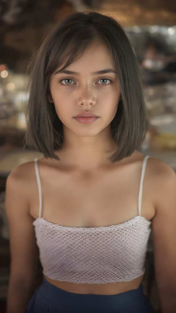 a (((stunningly detailed full-body image))) featuring a beautiful young girl with luxurious, silky bob cut straight black hair and (((natural light eyes))), flawless skin in a (soft, natural tone), and (pale, yet incredibly detailed and perfectly proportioned lips) that are full and tend to naturally pinkish hue. She's dressed in a (((very short white spaghetti tank top))), (((luffed by an intricate and detailed mesh crop top that accentuates her perfect figure))) and (((flared bluedark skirt))), surrounded by a (spaghetti-strapped side table) at an outdoor bar in a warm summer evening, where she exudes an air of gentle sophistication