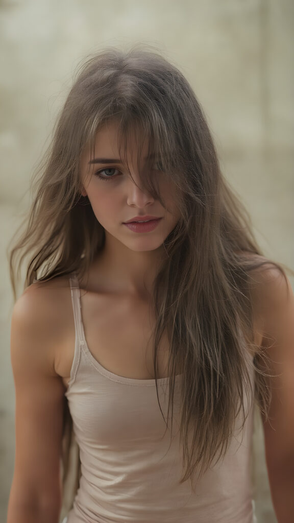 a (((stunningly detailed full-body image))) capturing a a girl in a lifting tank top, long hair