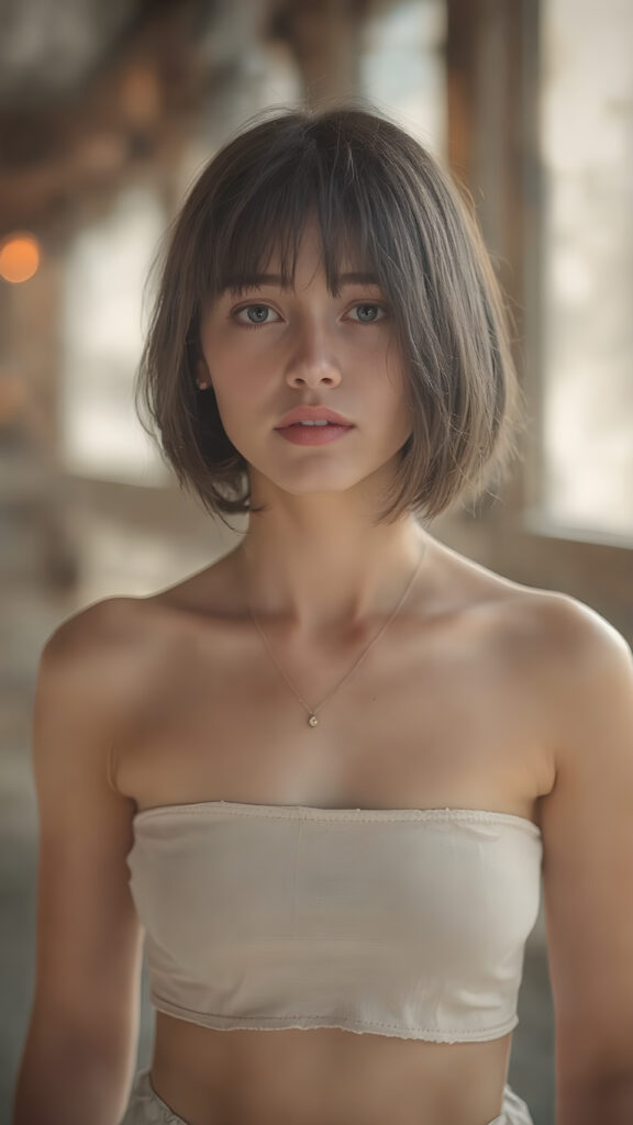 a (((stunningly detailed full-body image))) capturing a gentle girl in a lifted sort cropped spaghetti tank top, hair in bob cut