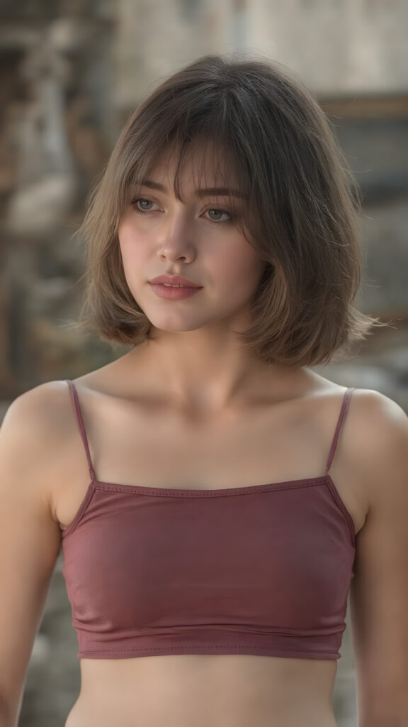 a (((stunningly detailed full-body image))) capturing a gentle girl in a lifted sort cropped spaghetti tank top, hair in bob cut