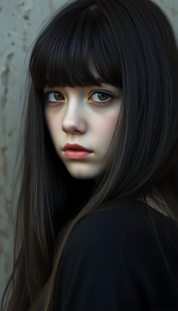 a (((stunningly teen emo girl))) with (((incredibly long, soft silky black straight hair and brown highlights frame her round face, bangs))), framed by a (((gray concrete backdrop))), reflecting a ((sad expression))) that suggests the weight of the world resting on her shoulders, amber eyes. Realistic, Detailed, HDR. All against a bare concrete wall. Side view. She looks slightly over her shoulders. A seductive touch. Full kissable red lips.