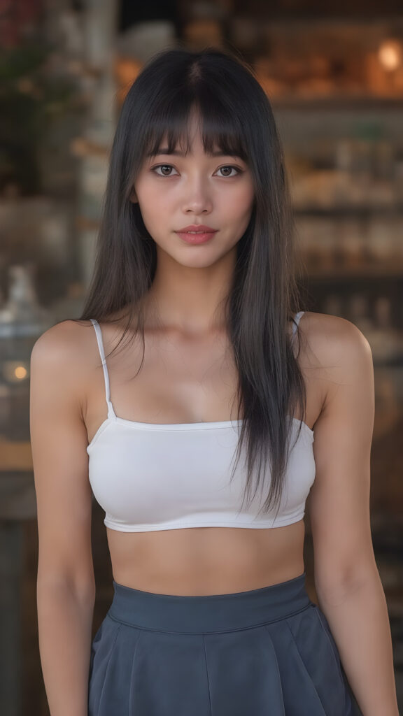a (((stunningly detailed full-body image))) featuring a beautiful young Asian girl with luxurious, silky straight black hair falls down and (((natural light eyes))), flawless skin in a (soft, natural tone), and (pale, yet incredibly detailed and perfectly proportioned lips) that are full and tend to naturally pinkish hue. She's dressed in a (((very short white spaghetti tank top))), (((luffed by an intricate and detailed mesh crop top that accentuates her perfect figure))) and (((flared bluedark skirt))), at an outdoor bar in a warm summer evening, where she exudes an air of gentle sophistication