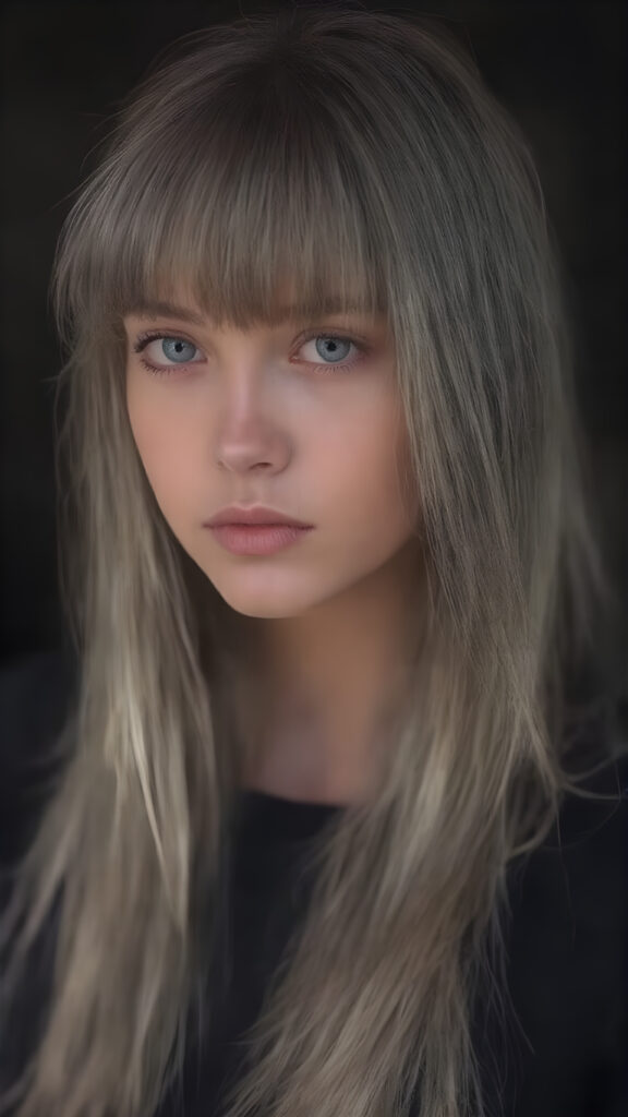 a (((stunningly detailed full body photograph))), capturing a gorgeously proportioned young cute girl with grey long hair straight as steel, bangs, intricate details and patterns that defy the imagination, elegantly posed, exuding a sense of refined sophistication