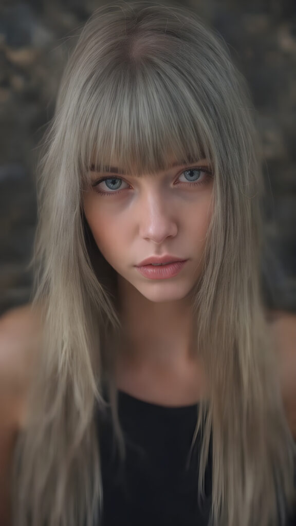 a (((stunningly detailed full body photograph))), capturing a gorgeously proportioned young cute girl with grey long hair straight as steel, bangs, intricate details and patterns that defy the imagination, elegantly posed, exuding a sense of refined sophistication