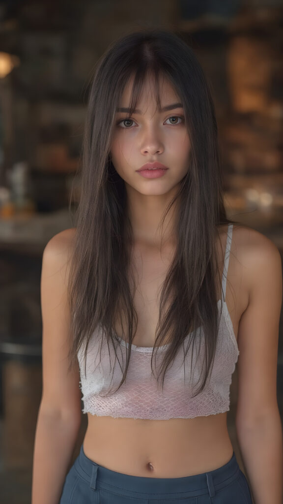 a (((stunningly detailed full-body image))) featuring a beautiful young girl with luxurious, silky long straight black hair and (((natural light eyes))), flawless skin in a (soft, natural tone), and (pale, yet incredibly detailed and perfectly proportioned lips) that are full and tend to naturally pinkish hue. She's dressed in a (((very short white spaghetti tank top))) perfect belly button, (((luffed by an intricate and detailed mesh crop top that accentuates her perfect figure))) and (((flared bluedark skirt))), at an outdoor bar in a warm summer evening, where she exudes an air of gentle sophistication