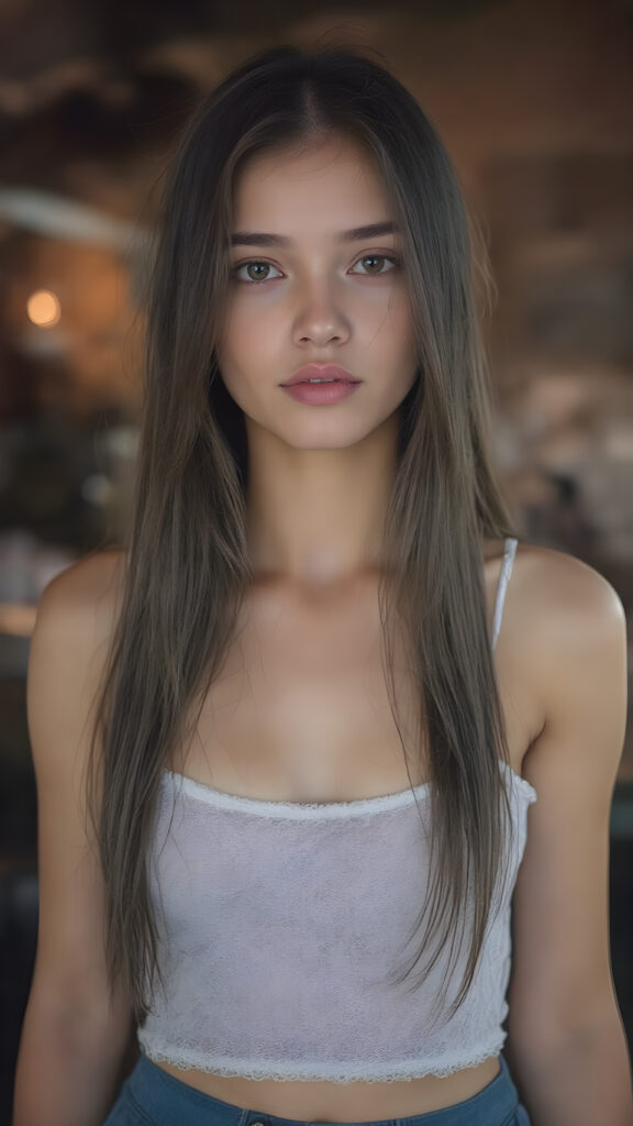 a (((stunningly detailed full-body image))) featuring a beautiful young girl with luxurious, silky long straight black hair and (((natural light eyes))), flawless skin in a (soft, natural tone), and (pale, yet incredibly detailed and perfectly proportioned lips) that are full and tend to naturally pinkish hue. She's dressed in a (((very short white spaghetti tank top))) perfect belly button, (((luffed by an intricate and detailed mesh crop top that accentuates her perfect figure))) and (((flared bluedark skirt))), at an outdoor bar in a warm summer evening, where she exudes an air of gentle sophistication