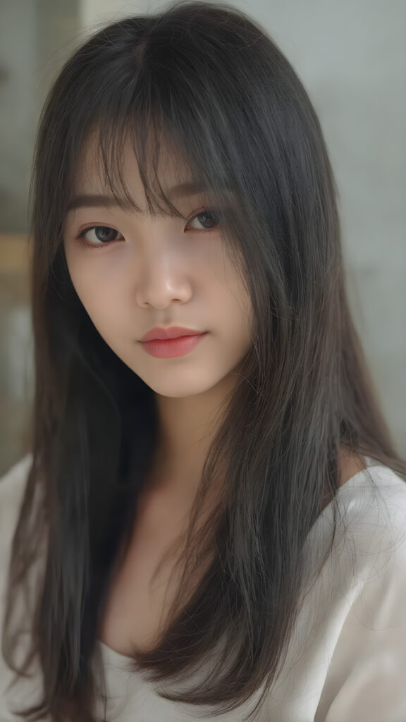 a stunningly beautiful (((Japanese teen model school girl))) with (((soft straight black hair, the long hair falls down to her waist))), exuding a (((vividly realistic glow))) that gives off an air of (((ethereal innocence))), her (((detailed, angelic face))) radiating joyful excitement, consisting of (((subtle, elegant patterns))), a (((soft, empty canvas))). She is captured in a (((portrait shot))), with a flawlessly proportioned figure and (((minimalist clothing))) that accentuates every curve, embodying an (((effortless beauty)))