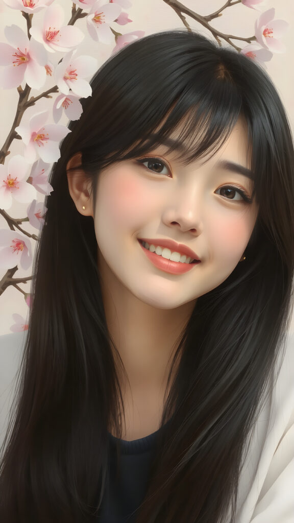 a stunningly beautiful (((Japanese teen model girl))) with (((soft straight black hair, the long hair falls down to her waist))), exuding a (((vividly realistic glow))) that gives off an air of (((ethereal innocence))), her (((detailed, angelic face))) radiating joyful excitement, framed by a (((cherry blossom backdrop))) consisting of (((subtle, elegant patterns))), a (((soft, empty canvas))). She is captured in a (((portrait shot))), with a flawlessly proportioned figure and (((minimalist clothing))) that accentuates every curve, embodying an (((effortless beauty)))
