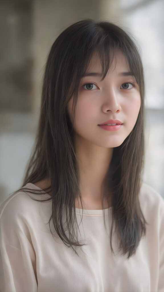 a stunningly beautiful (((Japanese teen model school girl))) with (((soft straight black hair, the long hair falls down to her waist))), exuding a (((vividly realistic glow))) that gives off an air of (((ethereal innocence))), her (((detailed, angelic face))) radiating joyful excitement, consisting of (((subtle, elegant patterns))), a (((soft, empty canvas))). She is captured in a (((portrait shot))), with a flawlessly proportioned figure and (((minimalist clothing))) that accentuates every curve, embodying an (((effortless beauty)))