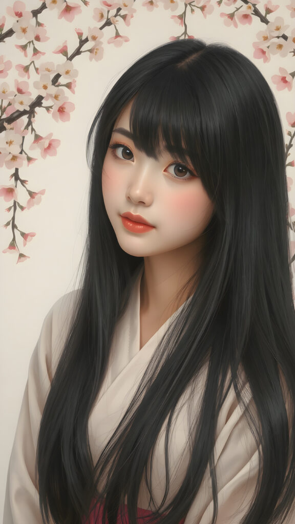 a stunningly beautiful (((Japanese teen model girl))) with (((soft straight black hair, the long hair falls down to her waist))), exuding a (((vividly realistic glow))) that gives off an air of (((ethereal innocence))), her (((detailed, angelic face))) radiating joyful excitement, framed by a (((cherry blossom backdrop))) consisting of (((subtle, elegant patterns))), a (((soft, empty canvas))). She is captured in a (((portrait shot))), with a flawlessly proportioned figure and (((minimalist clothing))) that accentuates every curve, embodying an (((effortless beauty)))
